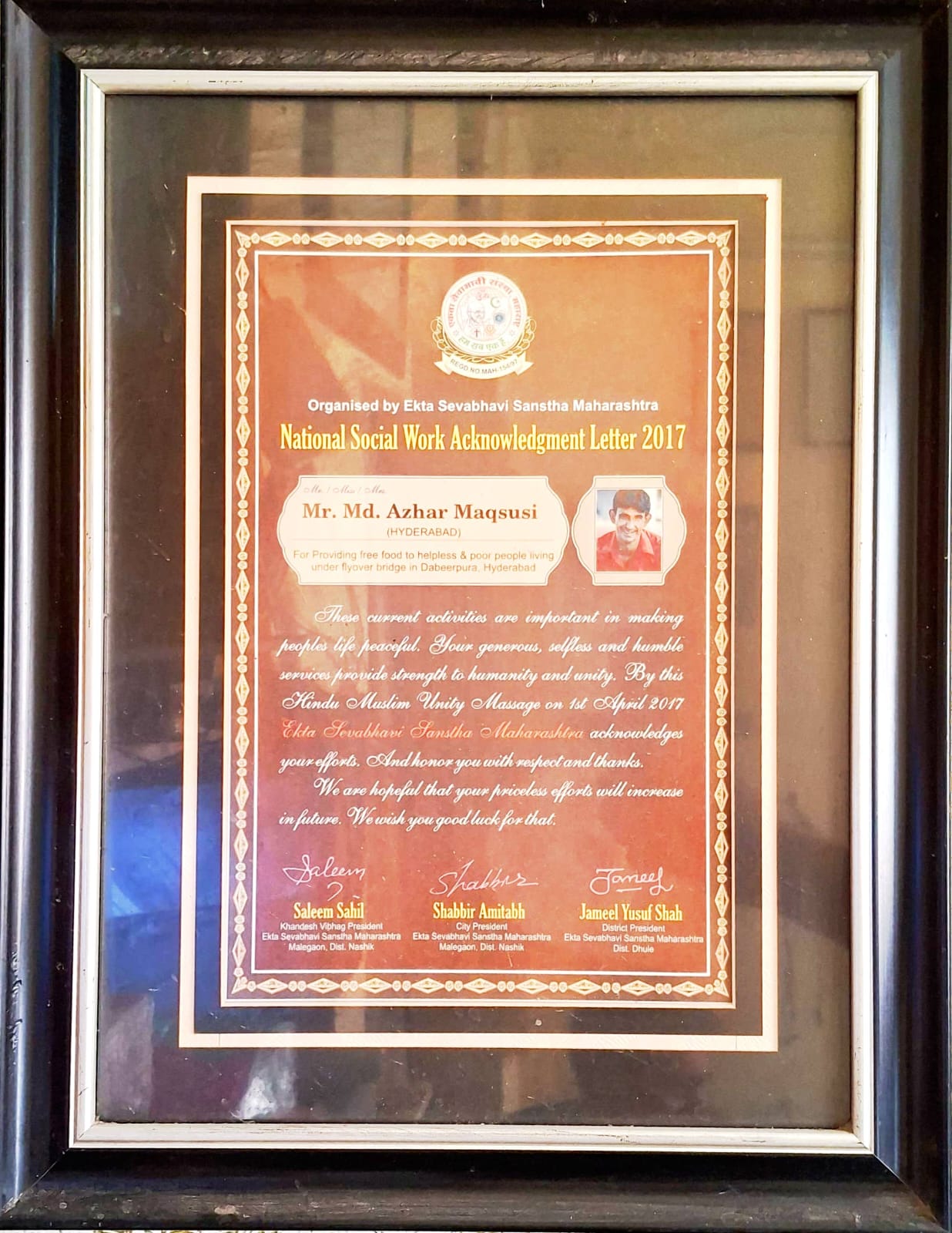 National Social Work Acknowledgement Letter by Ekta Sevabhavi Sanstha Maharashtra