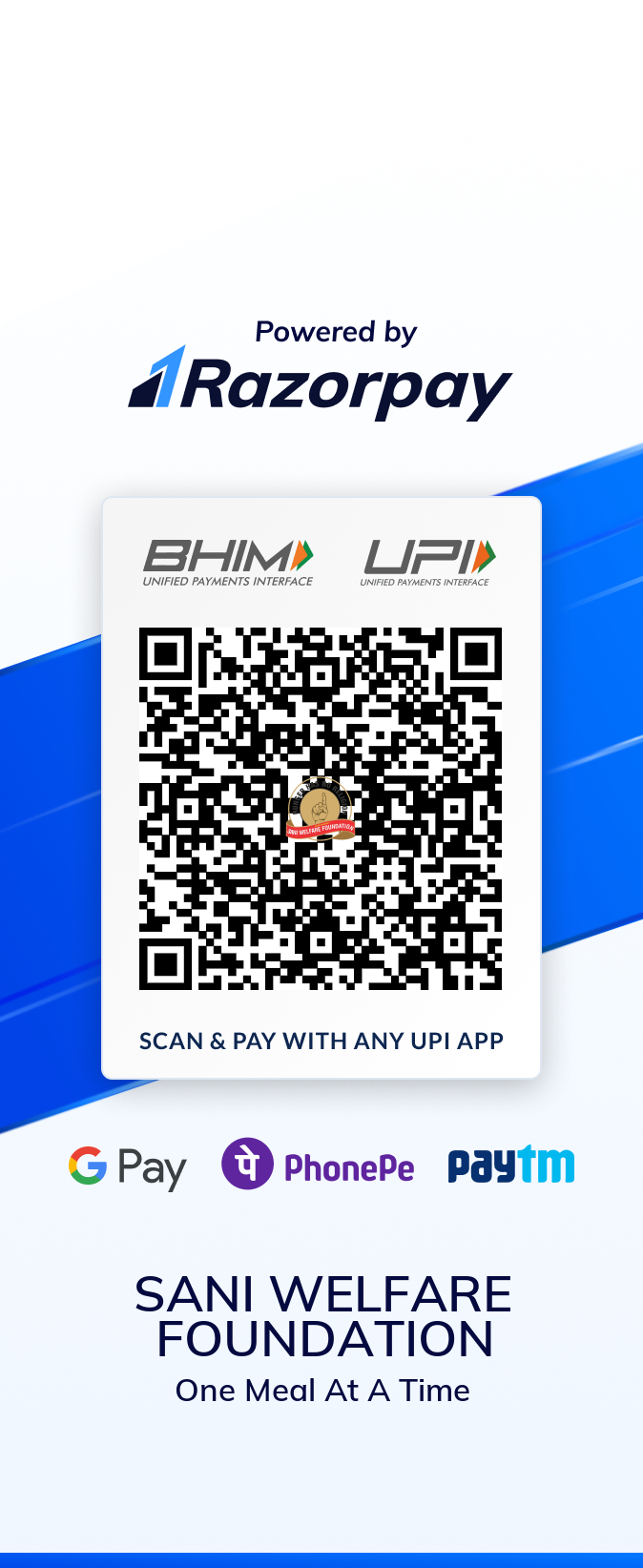 Scan to pay via UPI, Sani Welfare Foundation donation QR code
